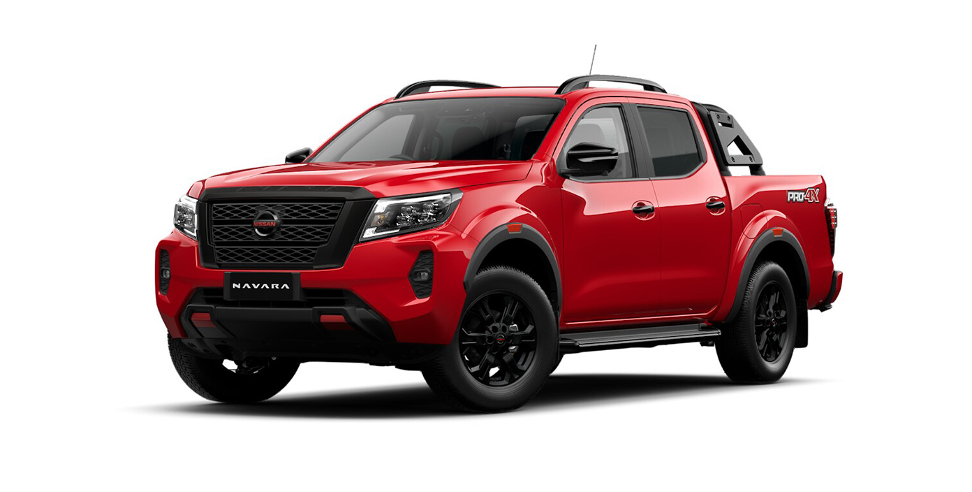 Front 3/4 render of a NissanBurning Red paint finish