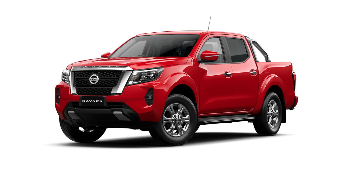 Front 3/4 render of a NissanBurning Red paint finish