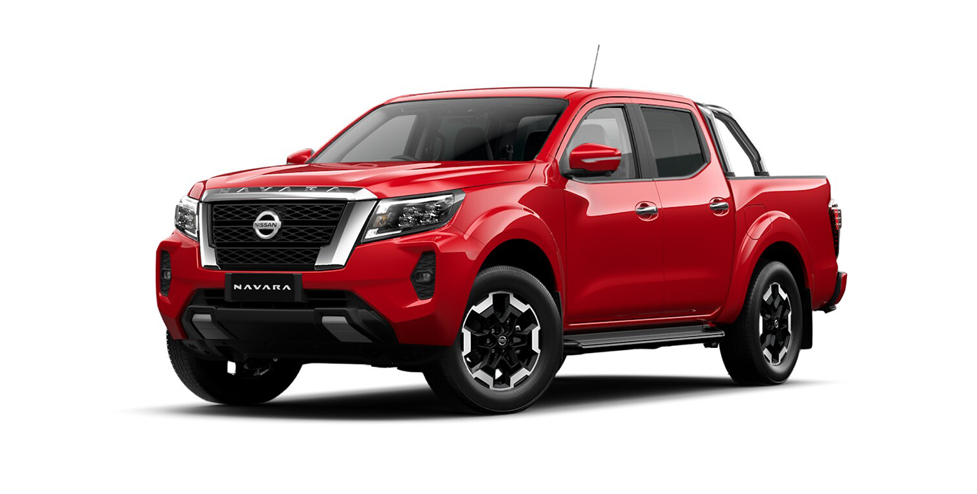Front 3/4 render of a NissanBurning Red paint finish