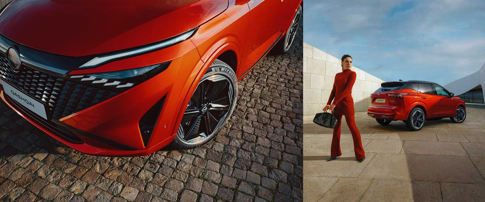 High angle of the front of a red Qashqai