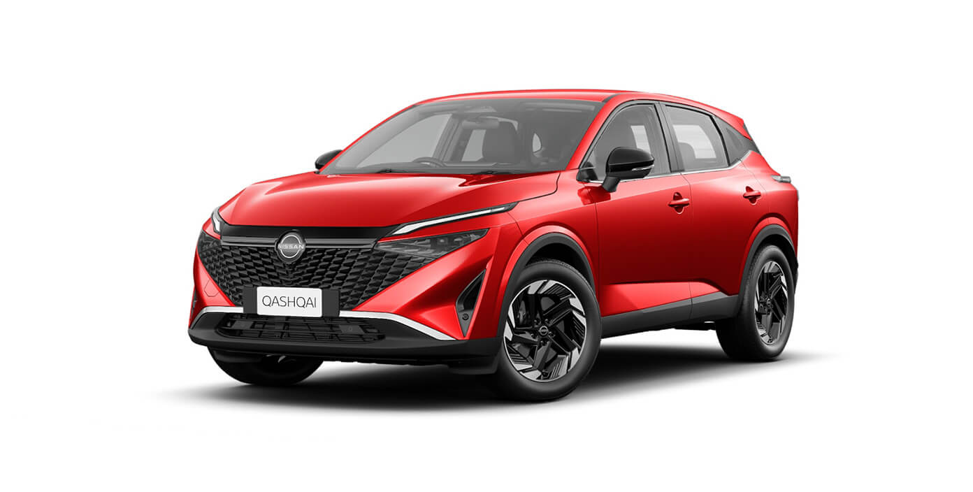 Front 3/4 render of a NissanFuji Sunset Red paint finish