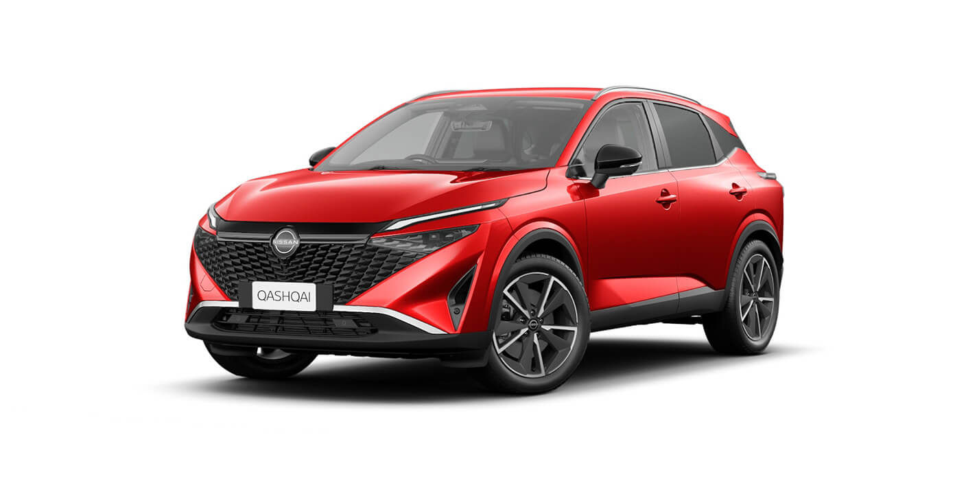Front 3/4 render of a NissanFuji Sunset Red paint finish