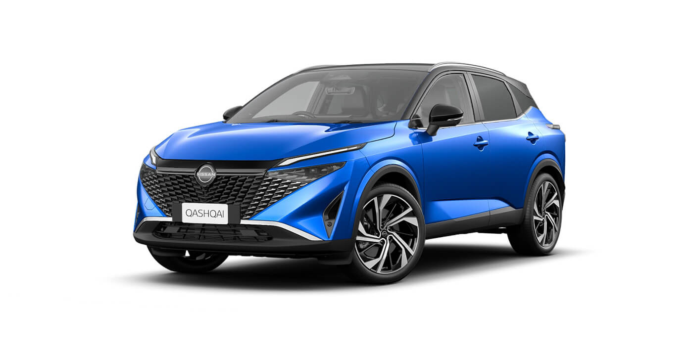 Front 3/4 render of a NissanMagnetic blue w. Black Roof paint finish
