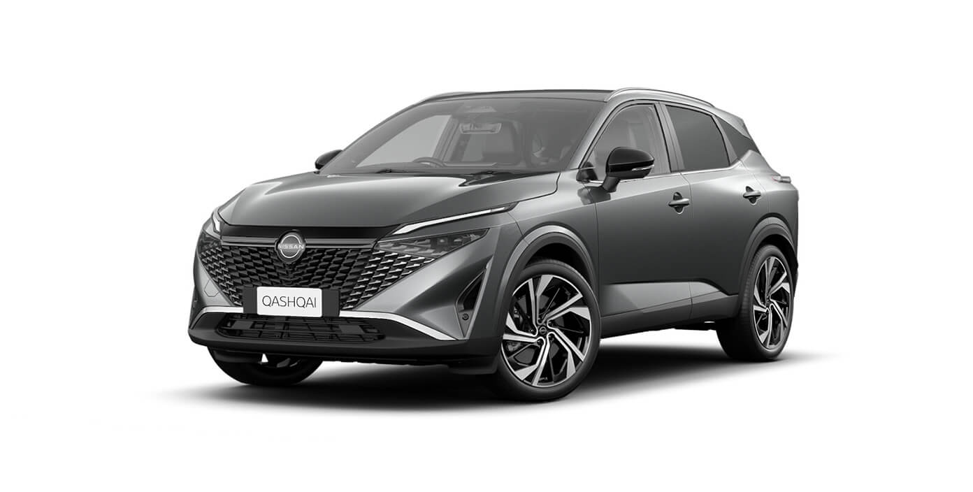 Front 3/4 render of a NissanGun Grey paint finish