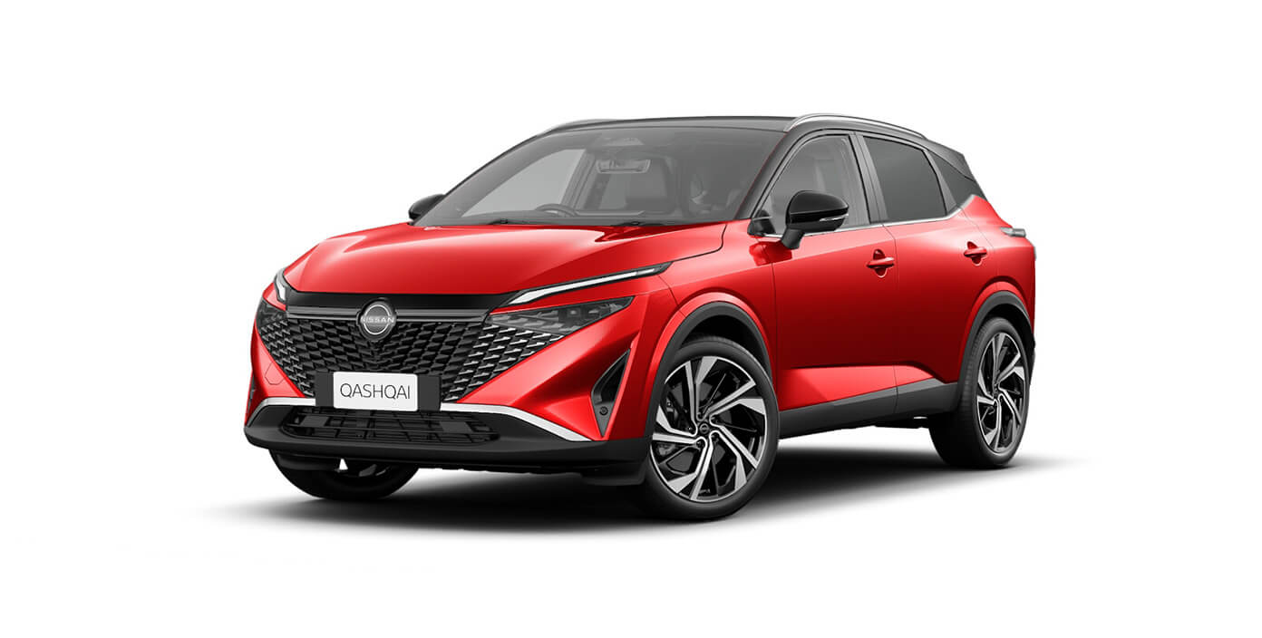 Front 3/4 render of a NissanFuji Sunset Red w. Black Roof paint finish