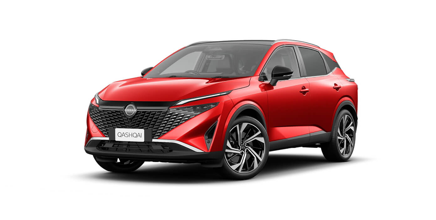 Front 3/4 render of a NissanFuji Sunset Red paint finish